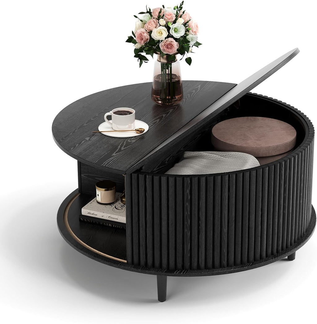 JOINICE Round Coffee Table with Storage, 31.5' Black Wood Drum Table, Fluted Circle Center Table for Living Room, Modern Mid Century Furniture with Sliding Door