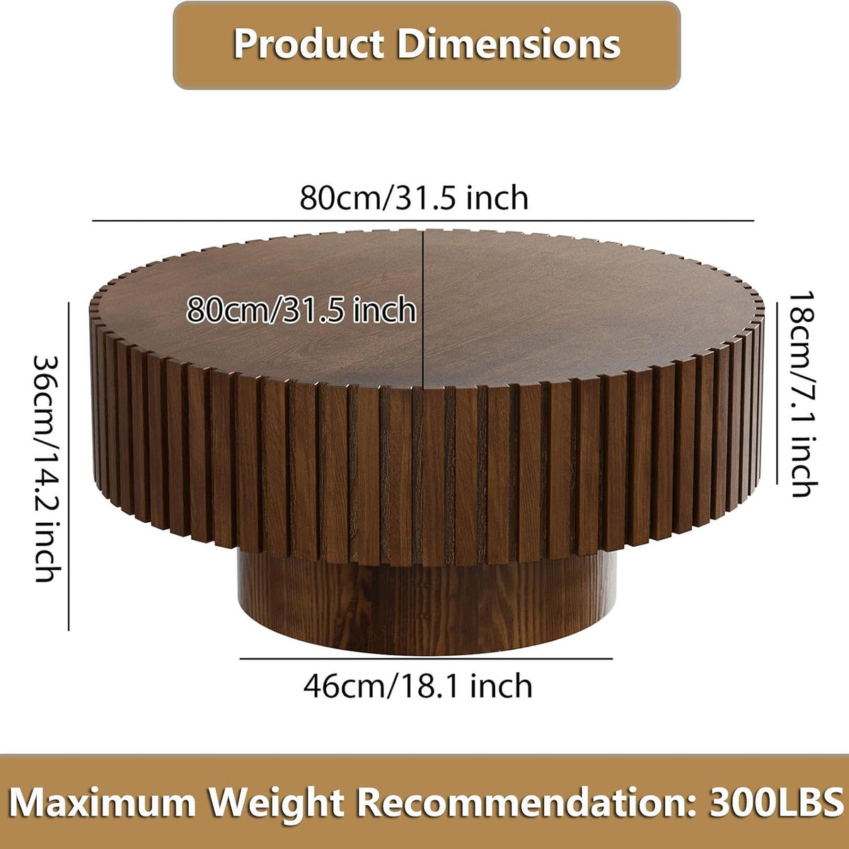 Round Handcraft Fluted Coffee Table with Sturdy Stable Pedestal Modern Luxury Drum Center Table Circle Accent Base Center Tables for Living Room Apartment (G)