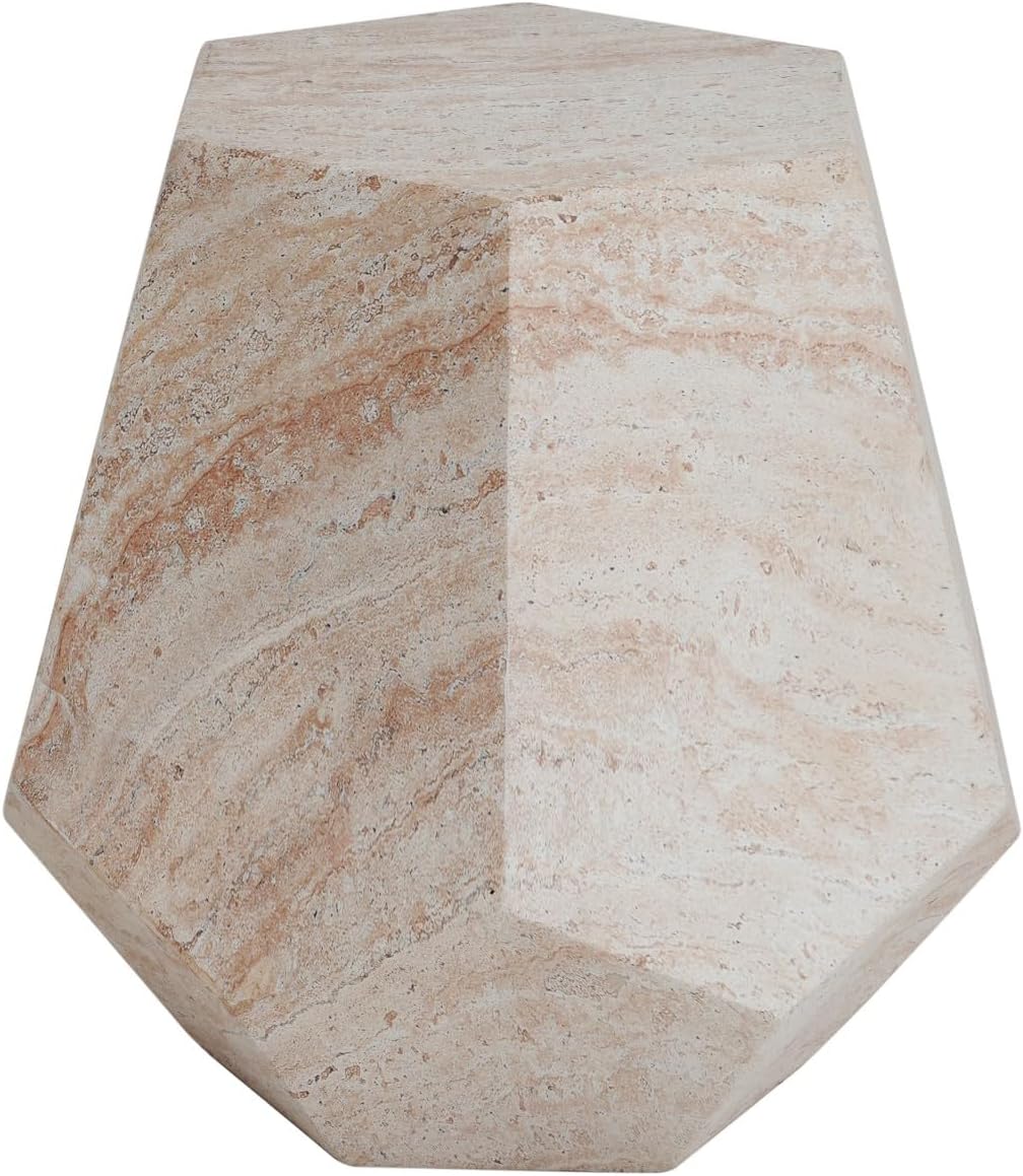 KEVINSPACE Small Side Coffee Table Outdoor MGO Hexagonal Round Travertine End Living Room Accent Sofa Bedside Couch Table Bedroom Apartment Indoor 20.5' W x18.75 H Beige Concrete