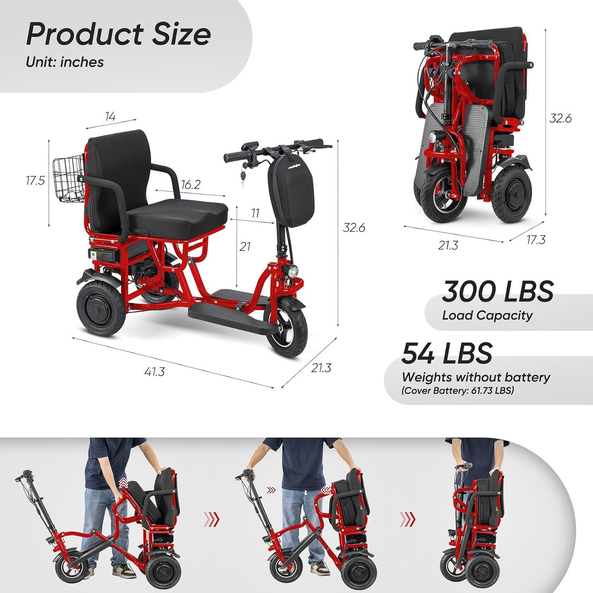 3 Wheel Mobility Scooter for Seniors Adults, 700W 48V10AH Lithium 300 lbs Electric Mobility Scooters Foldable, Travel Folding Scooters Lightweight, Collapsible Handicap Elderly Scooter