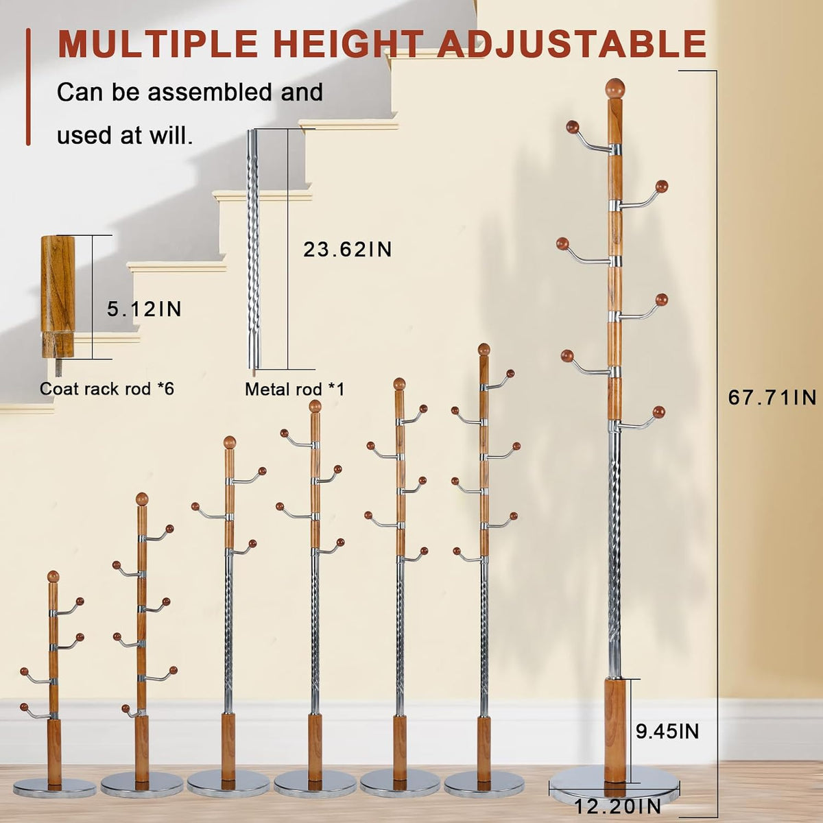 Wooden Coat rack freestanding, Coat racks stand with 6 Hook, Heavy duty coat tree standing Adjustable Heights for Bedroom, Entryway, Hallway, Office, Metal base (Nature)