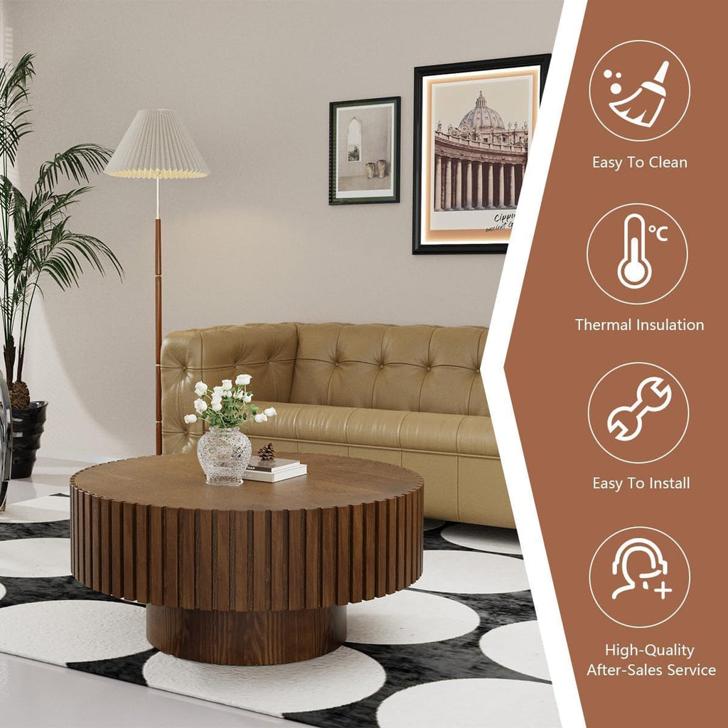 WXFKLDJ Round Drum Coffee Table Brown Fluted Coffee Table Wood Circle Center Table Pedestal End Table for Apartment Living Room (Dark Brown Round)