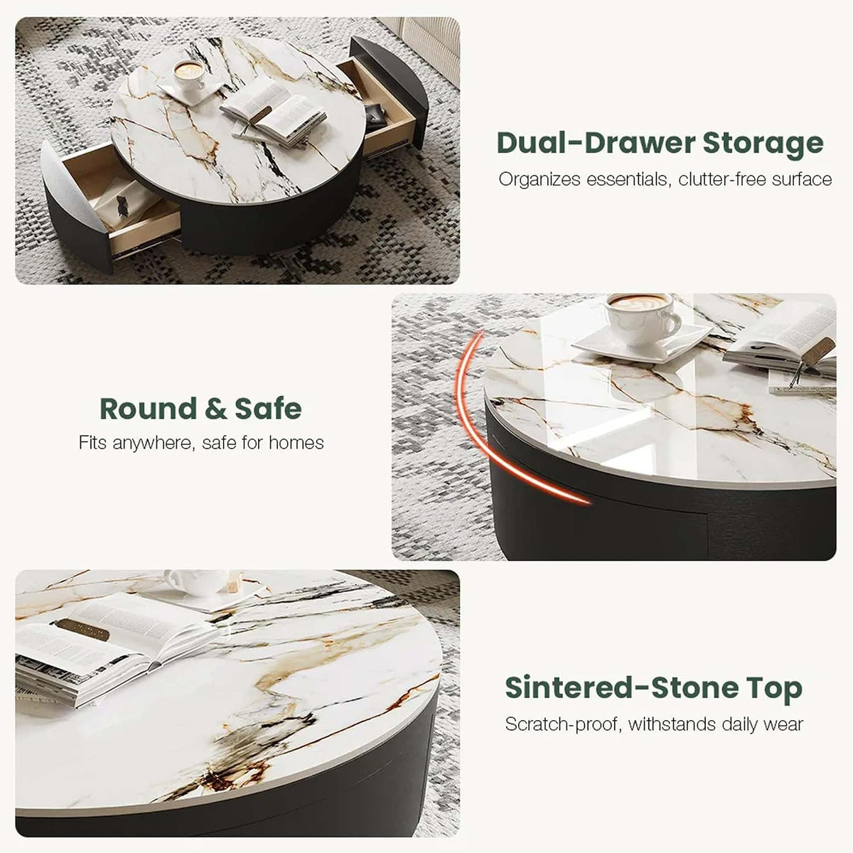 POVISON Modern Drum Coffee Table with Storage, Sintered Stone Top Round Coffee Table with Drawers, Oak Veneer, Fully Assembled, 39.37'