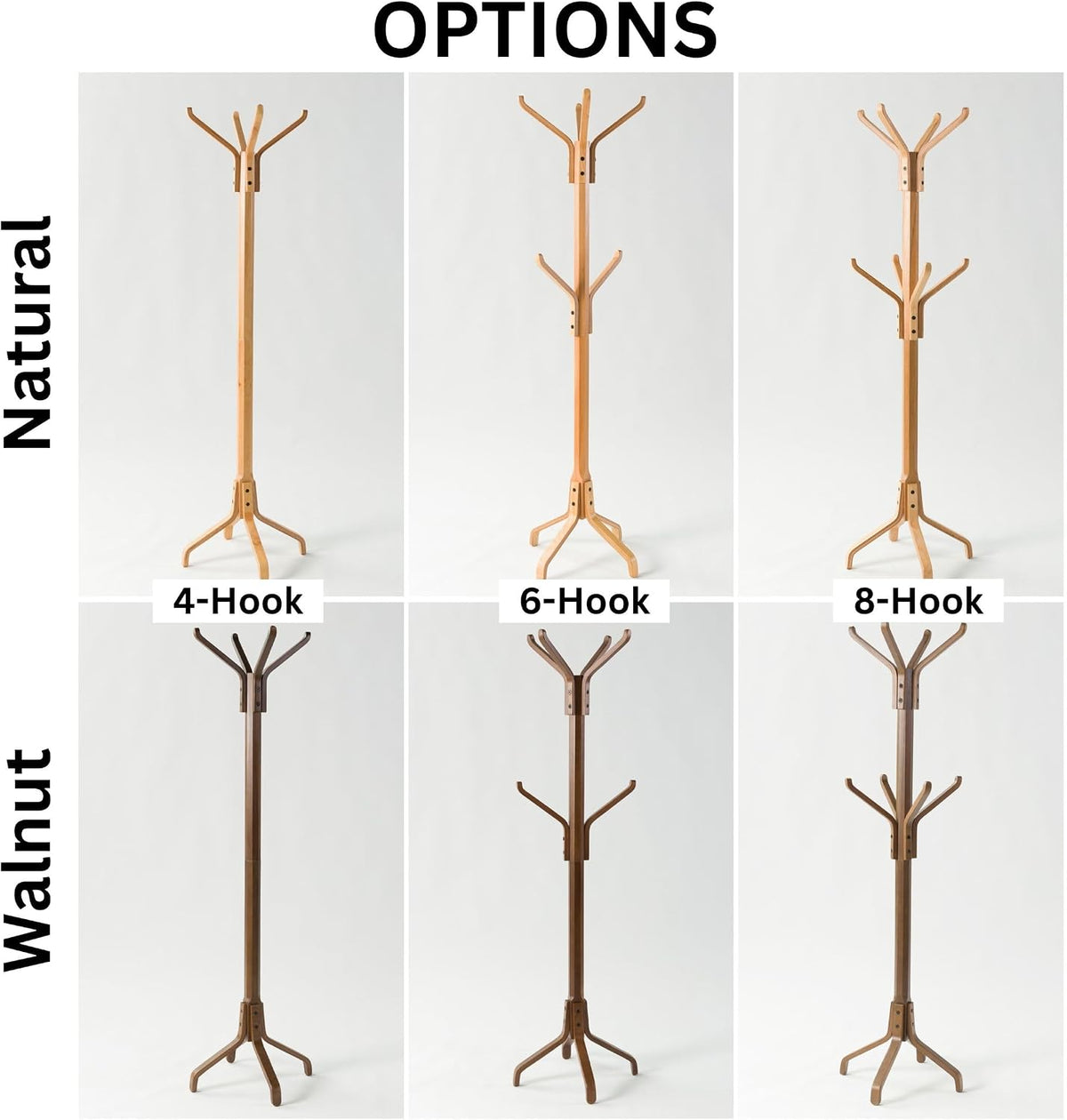 Solid Wood Coat Rack Freestanding, Coat Stands Entryway, Coat Rack Hat Hanger Hook for Jacket, Purse, Scarf Rack, Mid Century Umbrella Tree Stand (8-hook, Walnut)