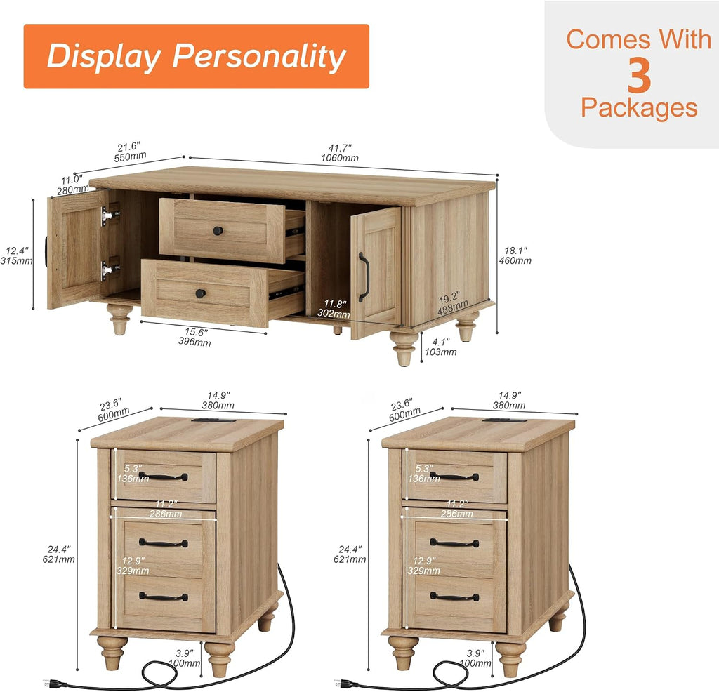 WAMPAT 3 Pieces Wooden Living Room Table Set, One Farmhouse Coffee Table with Storage Cabinet & Drawer, Set of 2 End Tables Nightstands with Charging Station, Oak