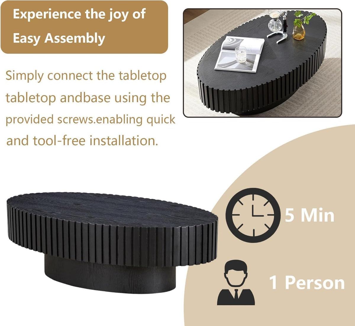 WXFKLDJ Oval Drum Coffee Table Black Fluted Coffee Table Wood Circle Center Table Pedestal End Table for Apartment Living Room (Black Oval)