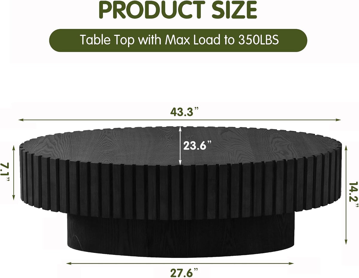 Black Oval Fluted Coffee Table for Living Room with Handcrafted Relief Wood Drum Coffee Table for Office Outdoor (43' Oval Black)