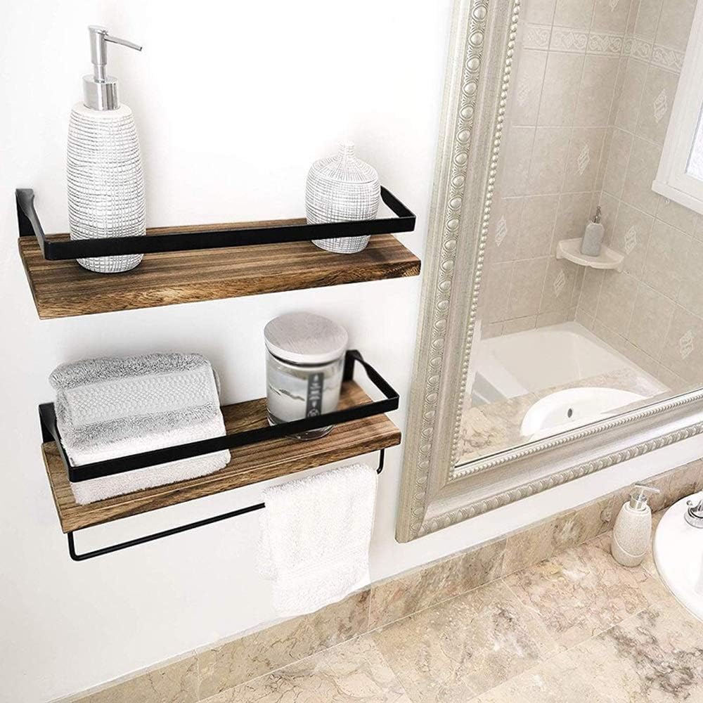 2 Pcs/Set Wall Mount Rack Wooden Kitchen Bathroom Storage Rack Holder Home Organizer Antique Wall Shelf Tray with Towel Bar (Color : B) (A)