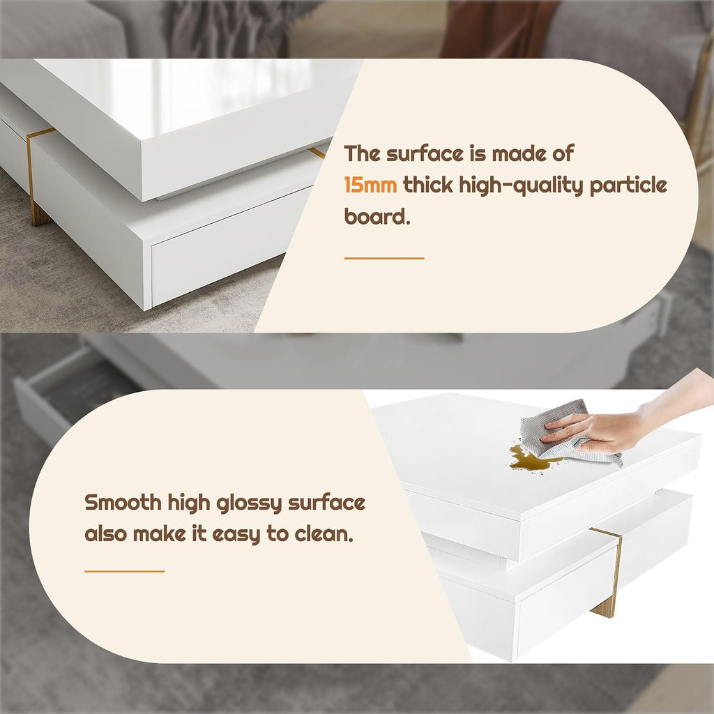 31.5' Square Coffee Table with 4 Drawers and High Gloss Surface, Modern White Cocktail Tea Table with Wood Grain Legs for Living Room or Bedroom