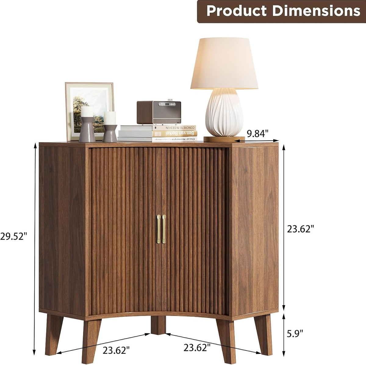 Fluted Corner Cabinet, Small Corner Floor Cabinet with 2-Sliding Doors and Adjustable Shelves, Freestanding Narrow Organizer for Small Space,Living Room, Dining RoomBathroom.Walnut