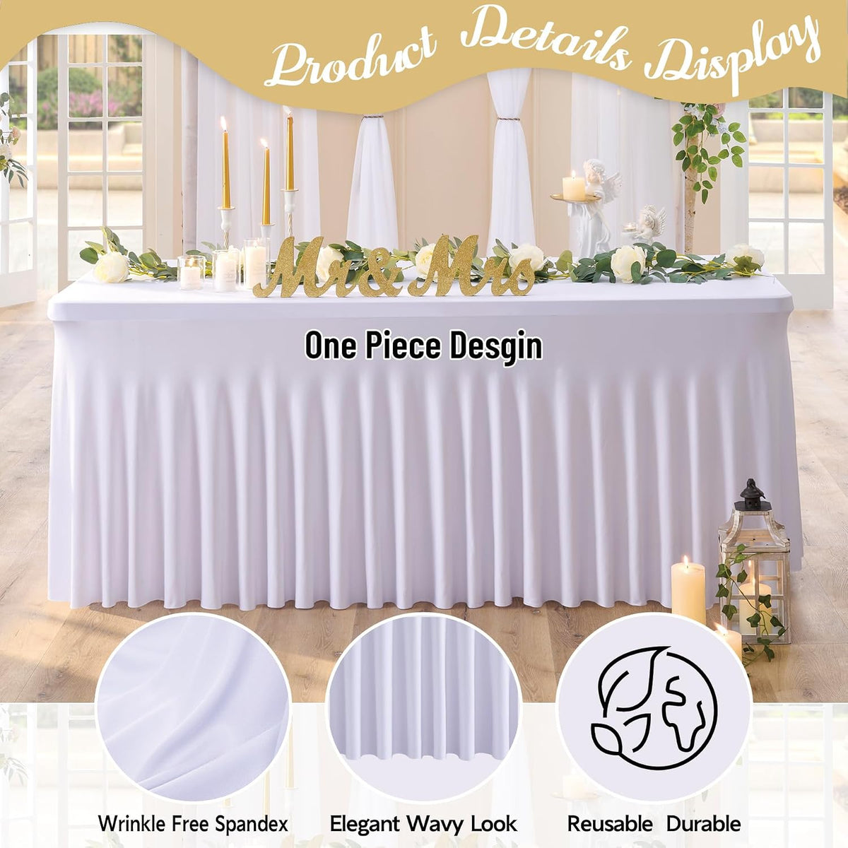 leegleri White Spandex Table Clothes for 8 Foot Rectangle Tables, 8 Pack Wrinkle Free Rectangle Table Cloth 8ft Stretch Fitted Tablecloths with Skirt for Parties Weddings Birthday Banquet Baby Shower