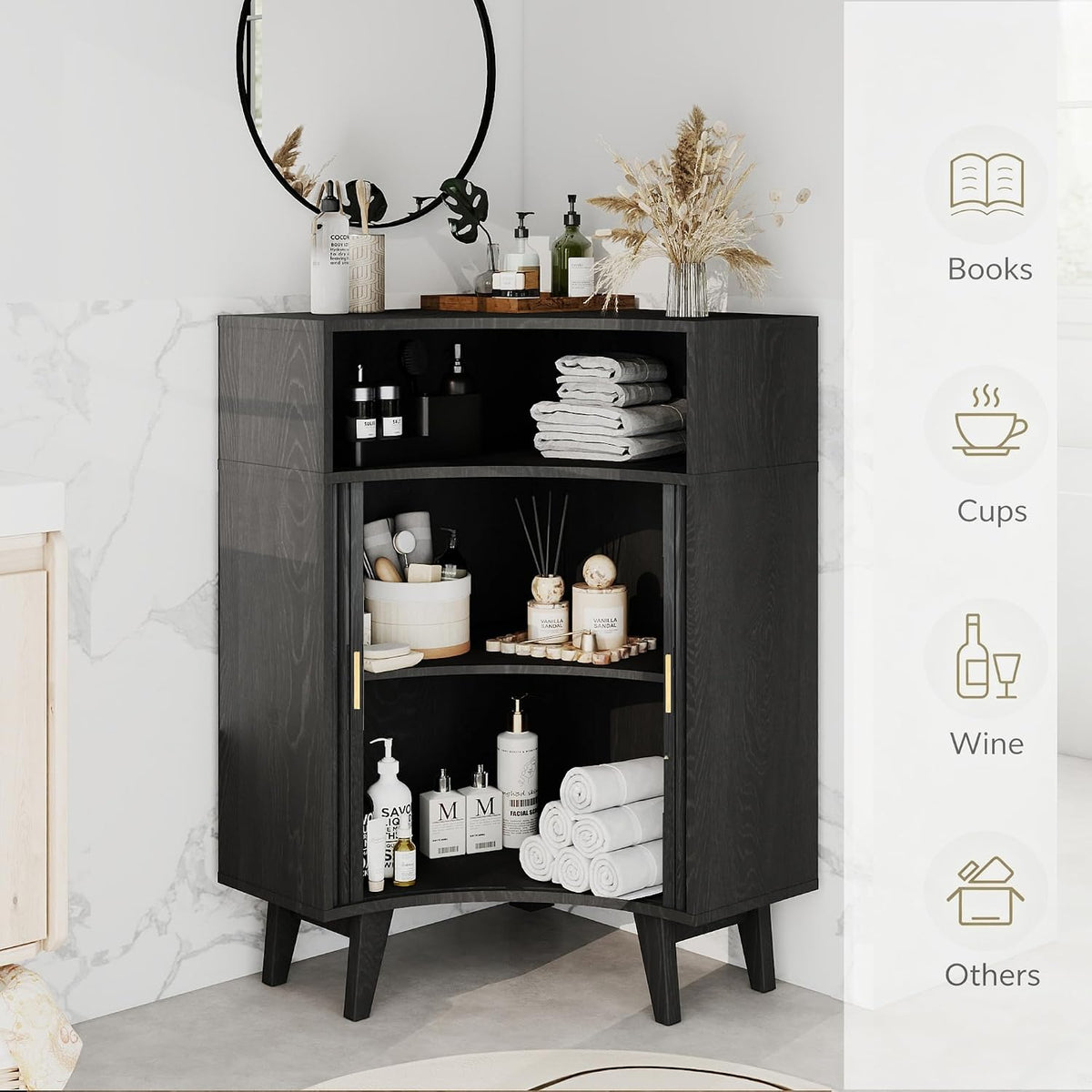 Fluted Corner Cabinet with Open Storage, Modern Floor Cabinets with Sliding Doors and 2-Tier Shelves, Freestanding Narrow Organizer for Small Space,Living Room, Dining Room,Black