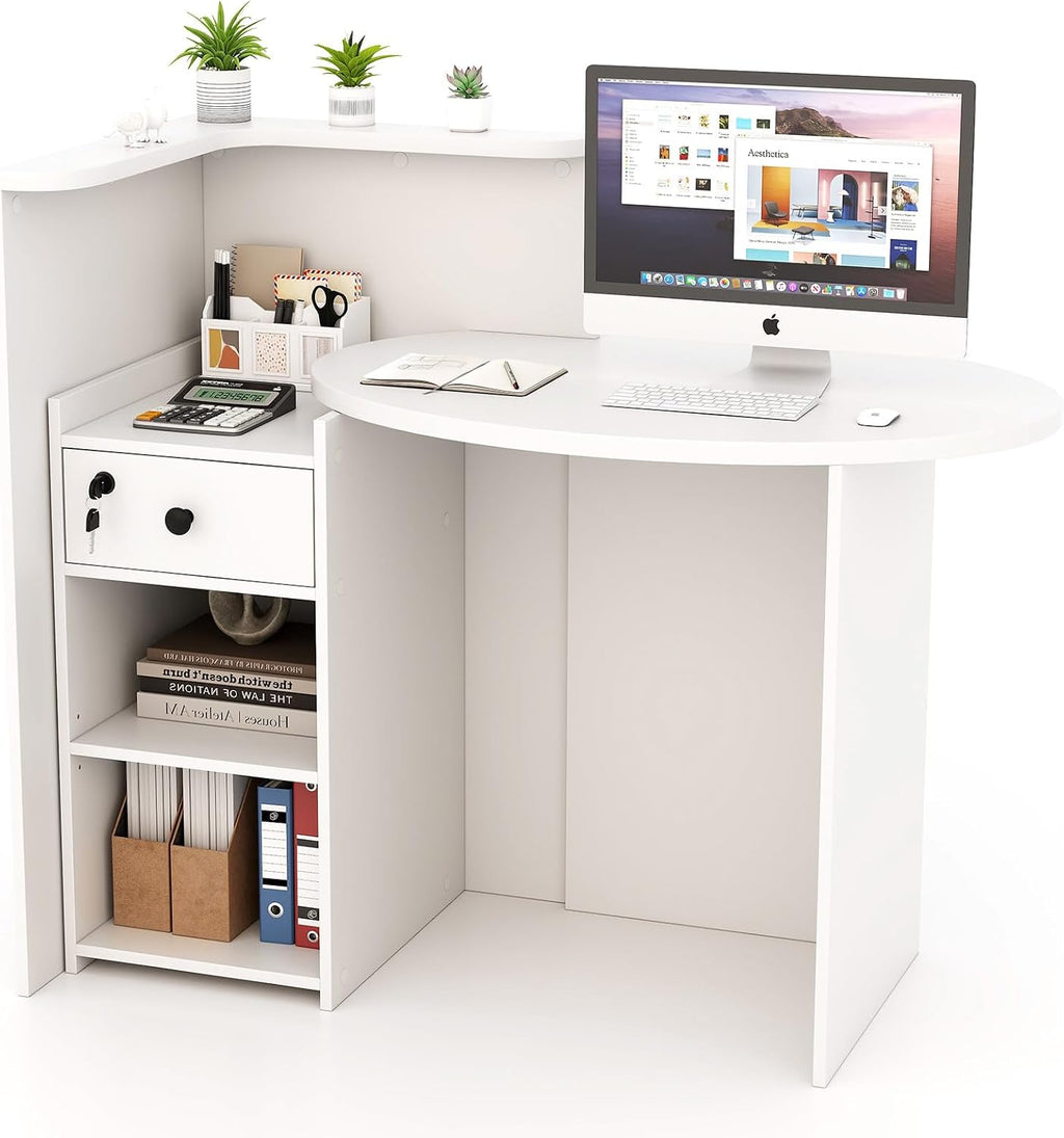 Reception Desk, Small Retail Checkout Counter with Lockable Drawer and Open Shelves, Wooden Front Desk Reception Counter, Oval Desktop & L Counter for Store Office Lobby Salon (White)