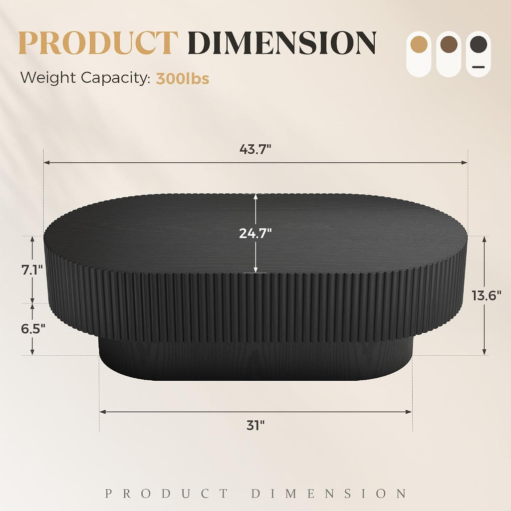 YOUDENOVA 43.7' Oval Coffee Table, Modern Wood Fluted Coffee Table for Living Room, Veneer Handcrafted Relief Center Table with Sturdy Pedestal，Easy Assembly - Black
