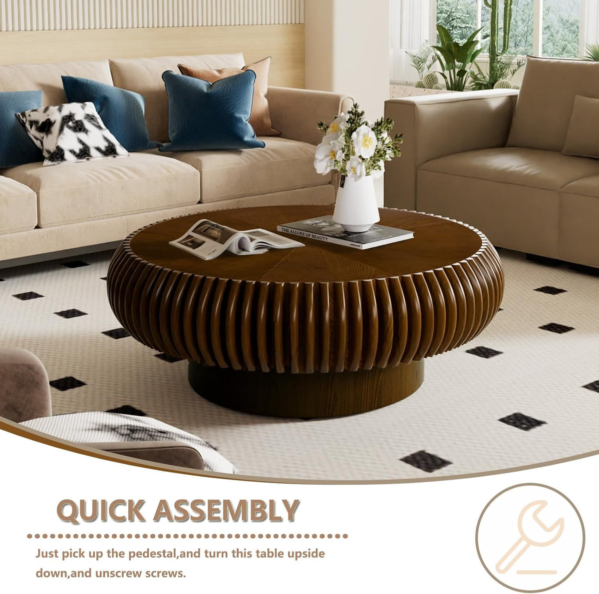 Round Handcraft Fluted Coffee Table with Sturdy Stable Pedestal Modern Luxury Drum Center Table Circle Accent Base Center Tables for Living Room Apartment (O)
