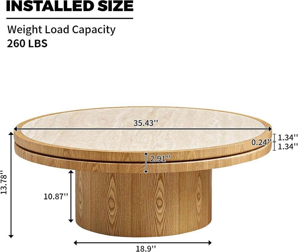 LKTART 35.43 Inch Round Coffee Table with Travertine Texture Sintered Stone Top, Mid-Century Modern Pedestal Center Table, Wood Coffee Tables for Living Room Bedroom Apartment, Easy Assembly, Natural