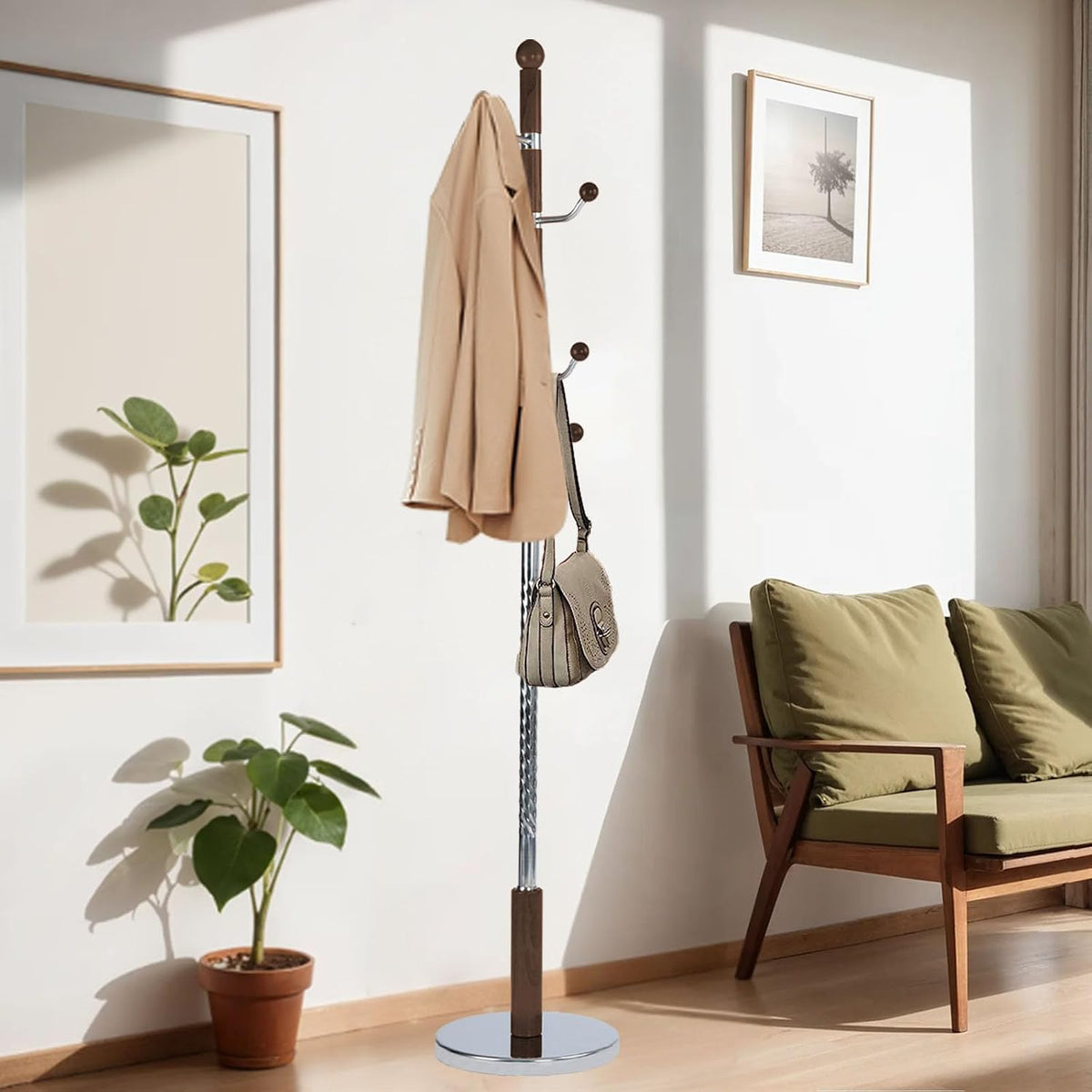 73 in Wood Coat Rack, Coat Rack Freestanding with Stable Round Base, Adjustable Height Tree Coat Racks Stand for Home Bedroom Office Hallway Entryway (Walnut Metal Hook)