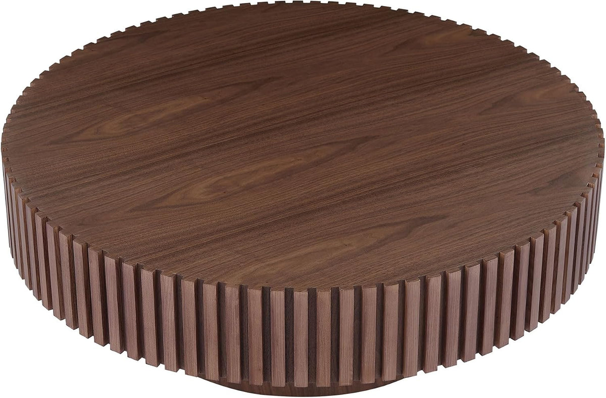 31.49' Coffee Table, Round Coffee Table Fluted, Wood Coffee Table for Living Room, Handcrafted Relief Carving, Easy Assembly, Walnut