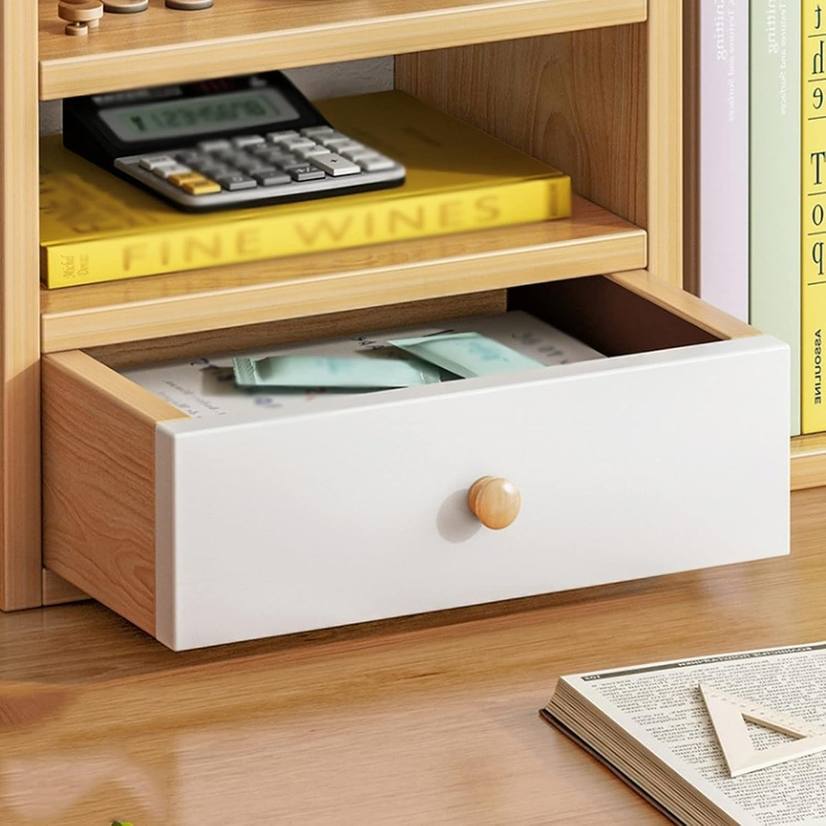 Shelf Bookcase Desktop Wood Bookshelf with 1 Small Drawers, Desk Organizer Shelf and Display Rack, Storage Shelf Bookcase for Office, Home Decor, Kitchen Countertop Book Storage Organizer Shelves