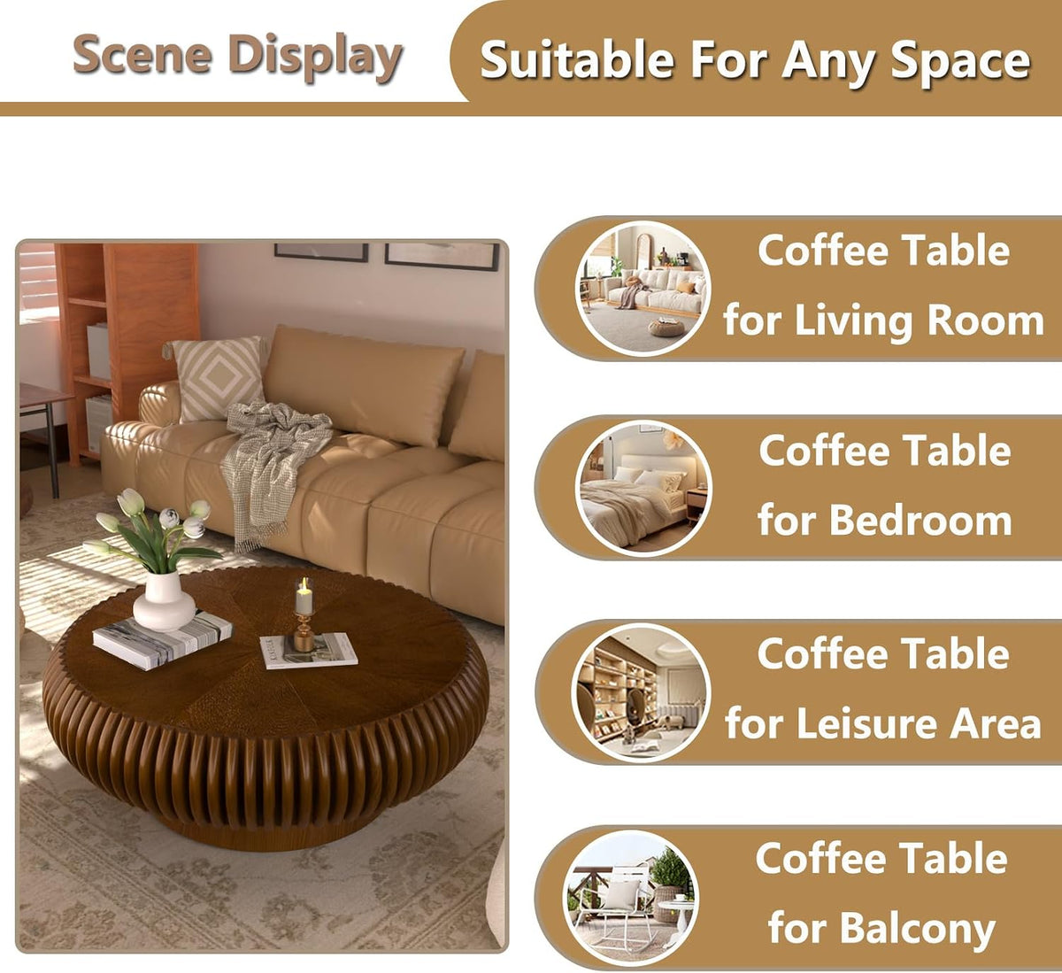 Round Handcraft Fluted Coffee Table with Sturdy Stable Pedestal Modern Luxury Drum Center Table Circle Accent Base Center Tables for Living Room Apartment (O)