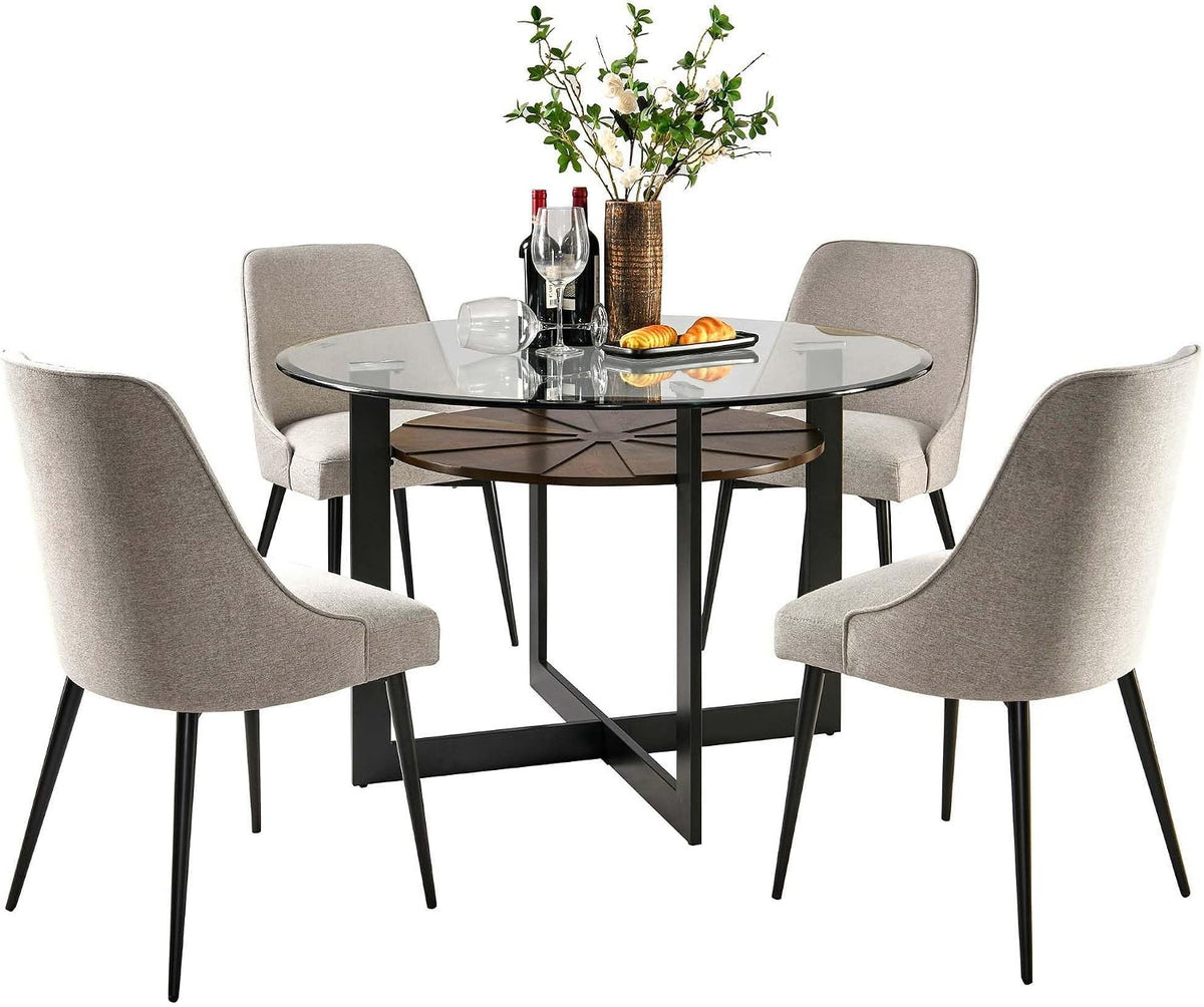 Round 45' Dining Table with 10mm Tempered Glass Top, Circle Dinner Pedestal Table for Dining Room Modern Industrial Kitchen Tables with Wood Brown Shelf and Black Metal Leg Easy Assembly CZ-B2616