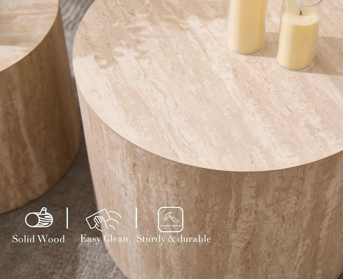 CIMOTA Round Wood Nesting Coffee Table Set of 2, Modern Circle Travertine End Side Table Sets for Living Room, Light Wooden Color/No Assembling