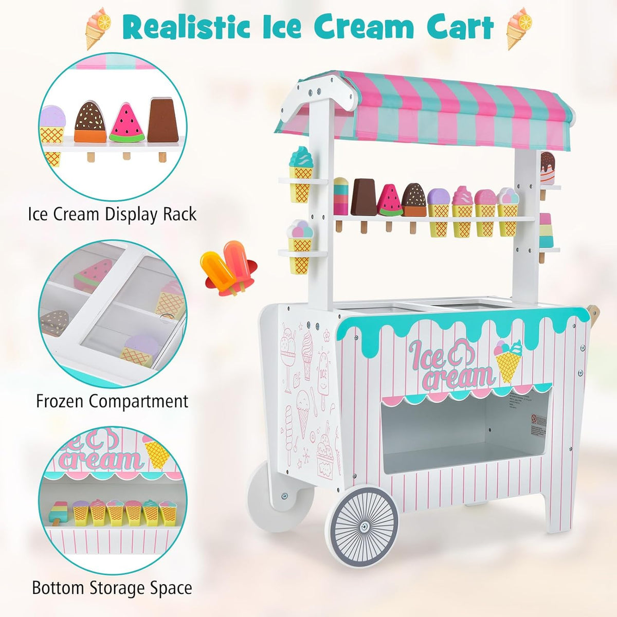 Costzon Ice Cream Cart Playset, Wooden Grocery Store w/Display Rack & Shelves, Frozen Compartment, 2 Large Wheels, Push Handle, 16 PCS Play Food, Toddler Ice Cream Trunk Toy Set for Boys Girls 3+
