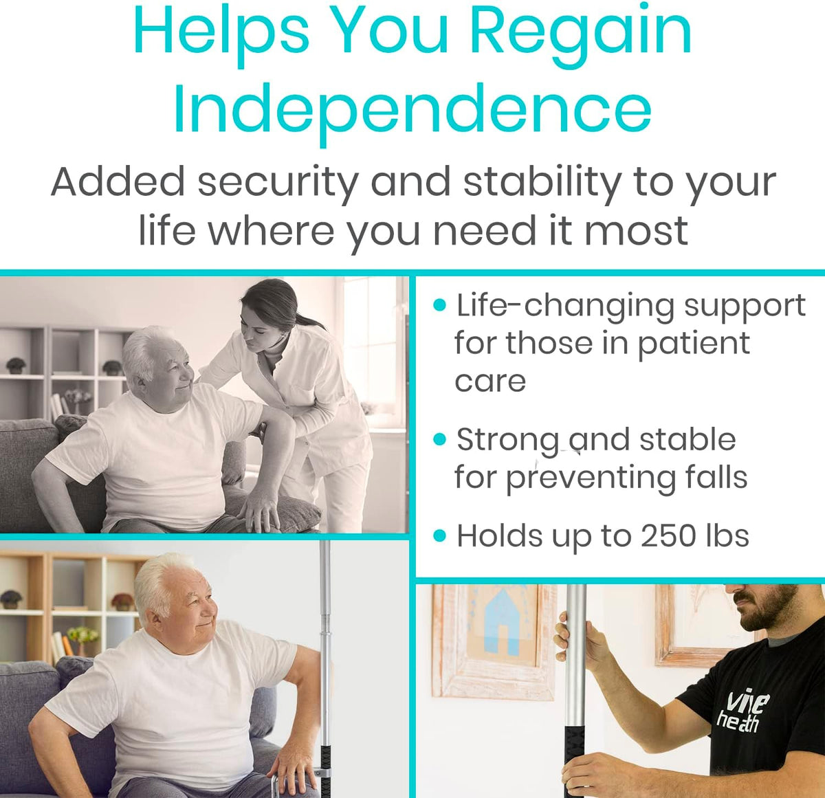 Vive Floor to Ceiling Grab Bar - Stand Assist Aid for Elderly - Shower Safety Bar for Seniors - Stand Assist Transfer Pole - Shower Support Pole - Toilet Rail for Disabled & Handicap Security