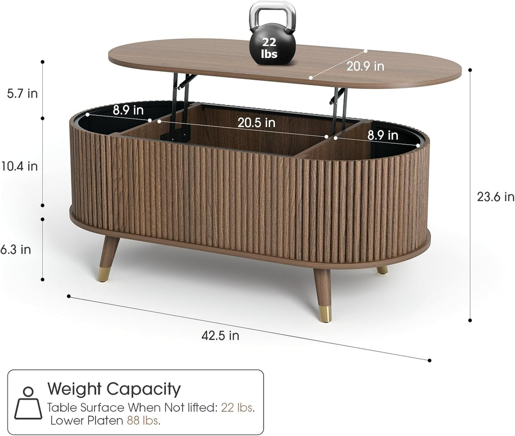Jiansu furni Lift Top Coffee Table with Storage,42.5' Oval Coffee Table with Hidden Compartment & Solid Wood Legs,Modern Fluted Center Table for Living Room,Home Office,Walnut