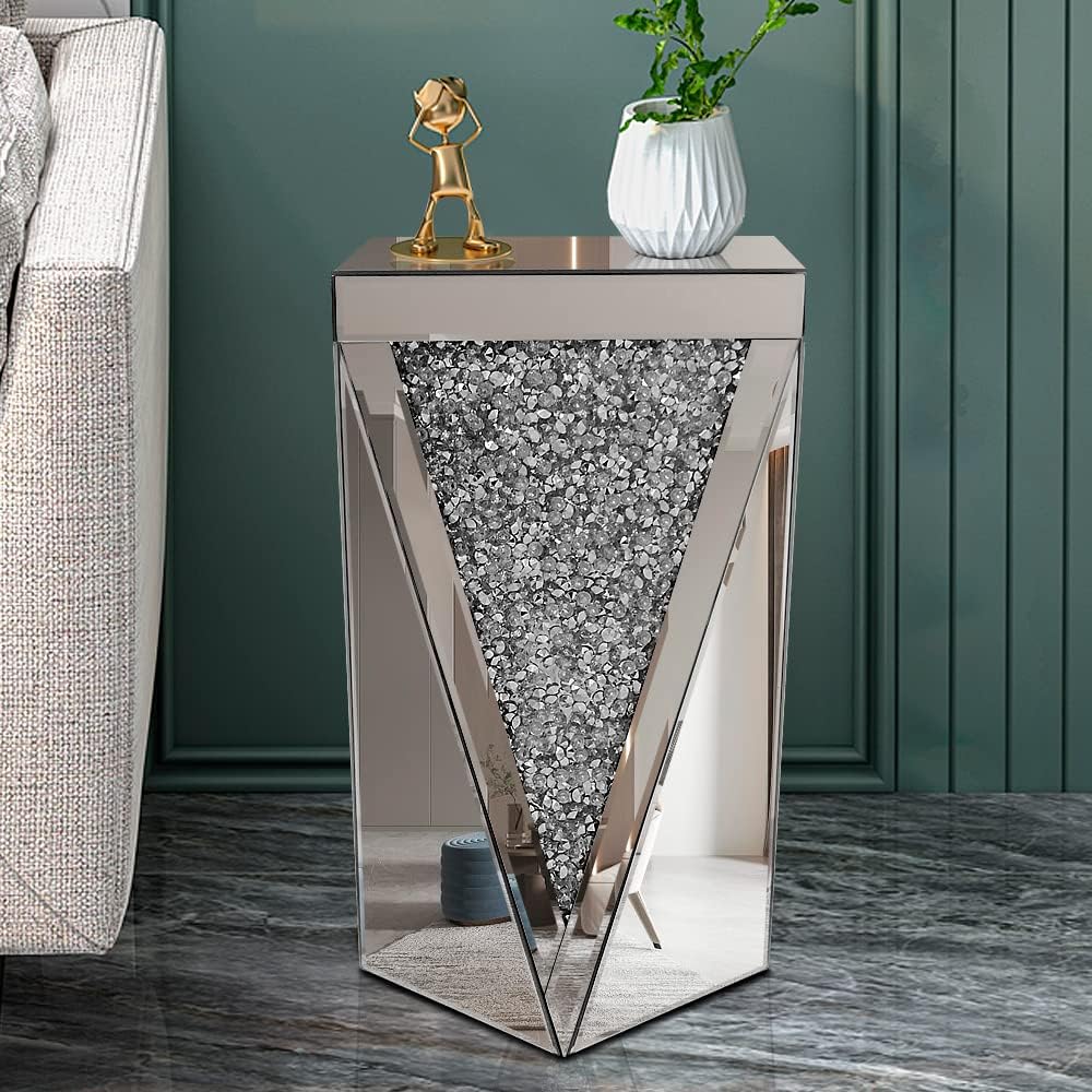 Pregaspor Silver Mirrored End Table, Crystal Inlay Side Table Accent Table, Small Mirrored Coffee Table for Living Room, Bedroom, Corner, 22' H