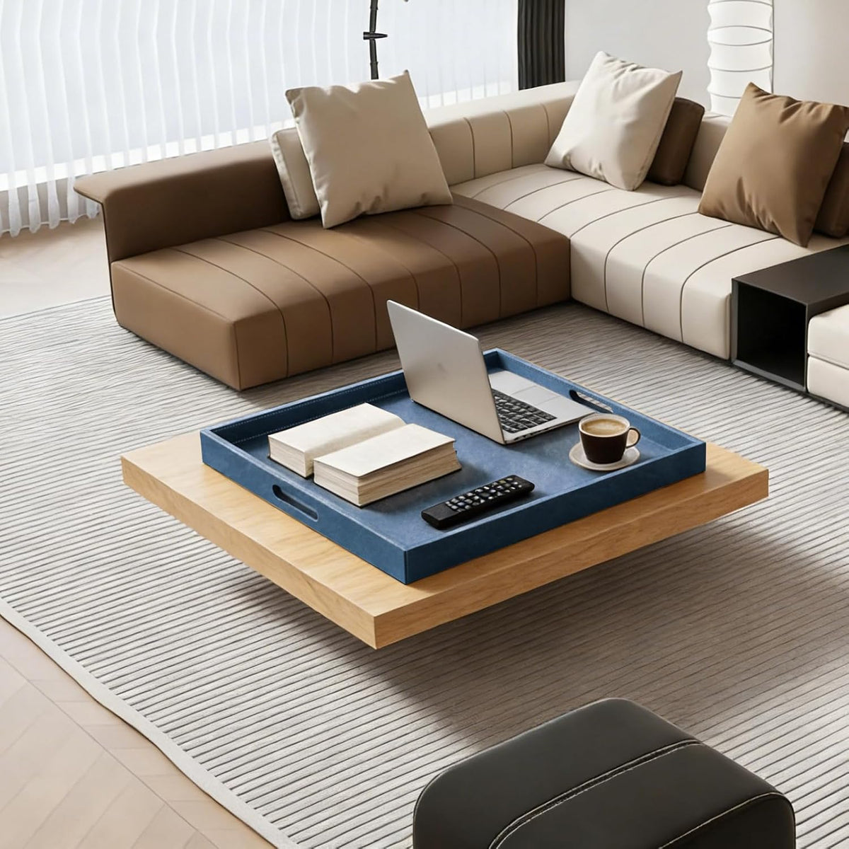 30 x 30 inches Leather Ottoman Serving Tray with Hole Handles, Square Extra Large Modern Service Tray for Living Room, Coffee Table, Bed, Tea, Food, Butler Countertop, Kitchen, Dinner, Picnic (Blue)