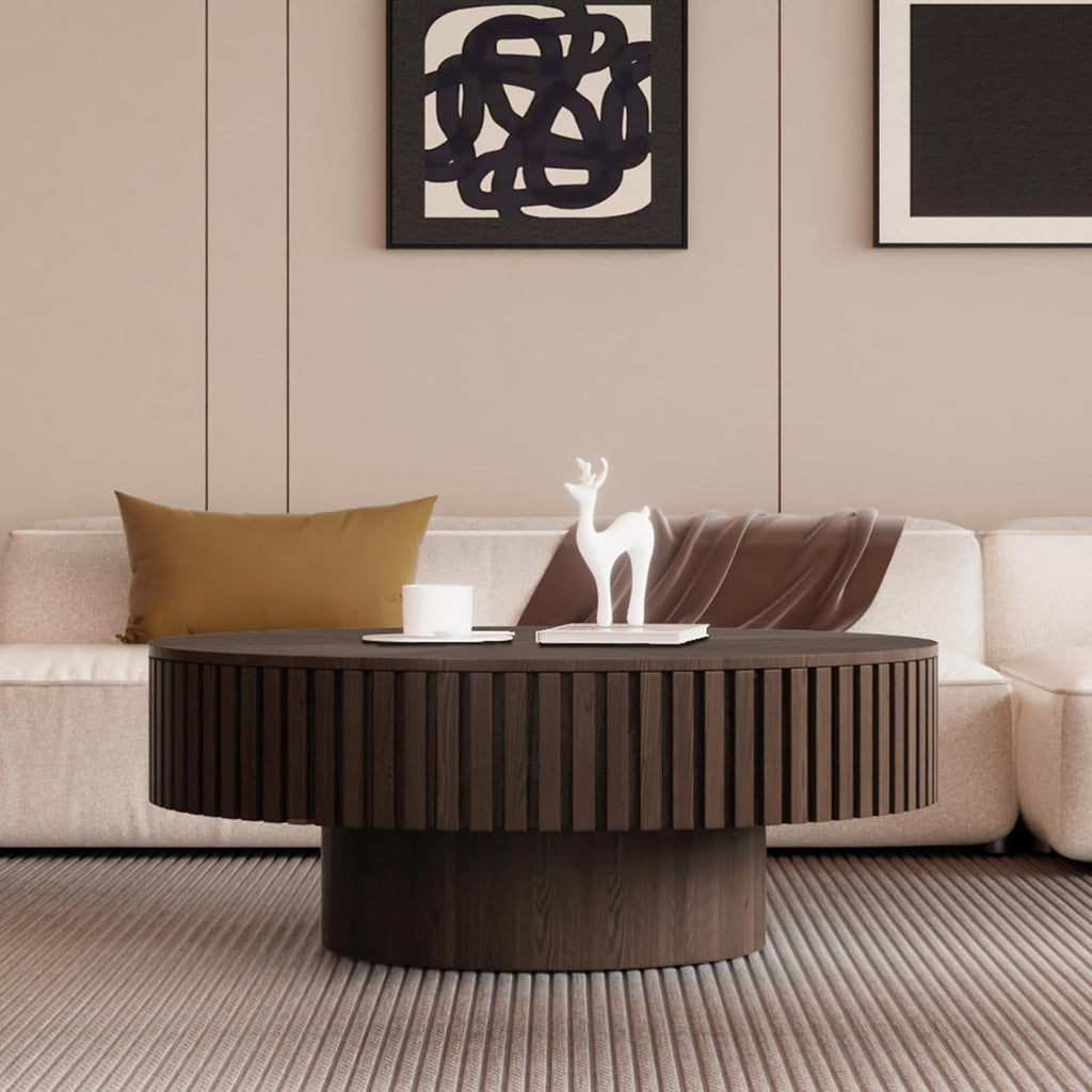 Round Handcraft Fluted Coffee Table with Sturdy Stable Pedestal Modern Luxury Drum Center Table Circle Accent Base Center Tables for Living Room Apartment (K)