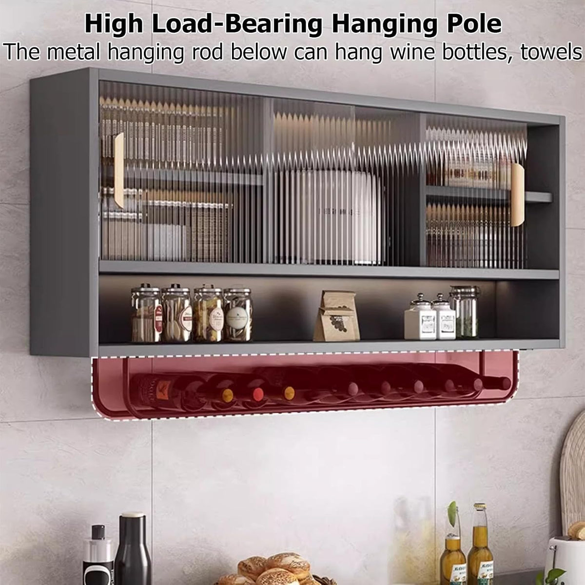 Large Kitchen Wall Cabinet,Wooden Wall Mounted Storage Cabinet with 2 Sliding Glass Door and Towel Bar,Modern Medicine Cabinet for Bathroom Laundry Room Kitchen(47.24 * 9.06 * 19.69in, B)