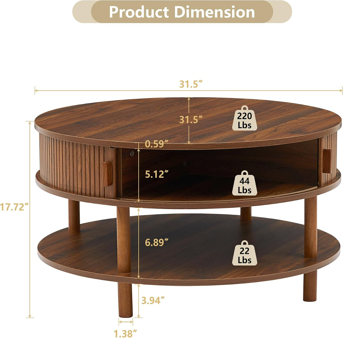 XUZENEST 31.5' Round Coffee Table with Storage, Mid Century Modern 2 Tier Coffee Table with Tambour Sliding Door, Solid Wood Legs Fluted Center Table for Living Room Home Office Small Space, Walnut