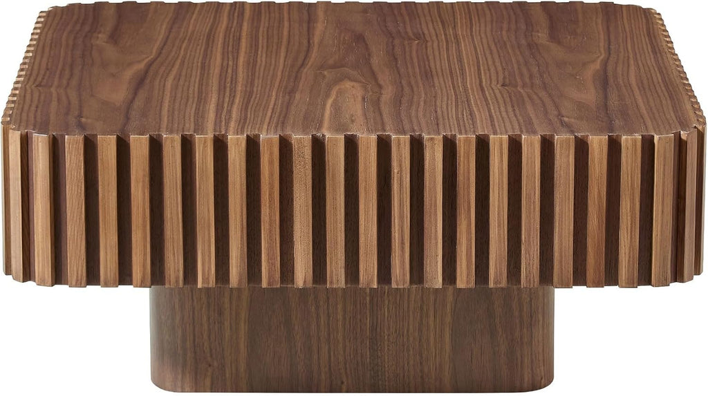 JUSTONE 31.5 Inch Square Coffee Table, 2-Piece Set Modern Walnut Wood Drum End Table for Living Room, Luxury Fluted Design & Sturdy Base, Minimalist Accent Center Table