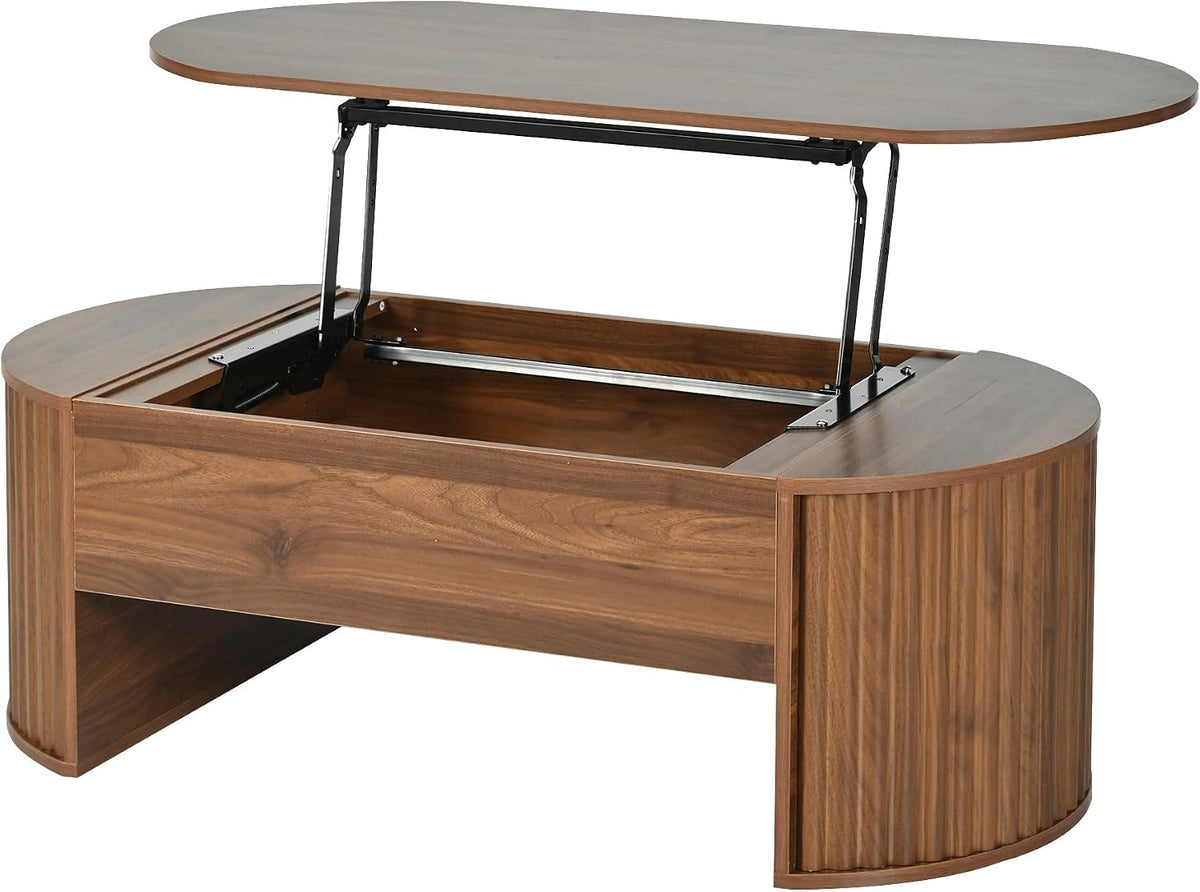 Lift Top Coffee Table with Storage Hidden Compartment, Partially Assembled Wooden Fluted Center Table, 47.2' Modern Oval Smart Lift Tabletop for Home Living Room Office-Brown