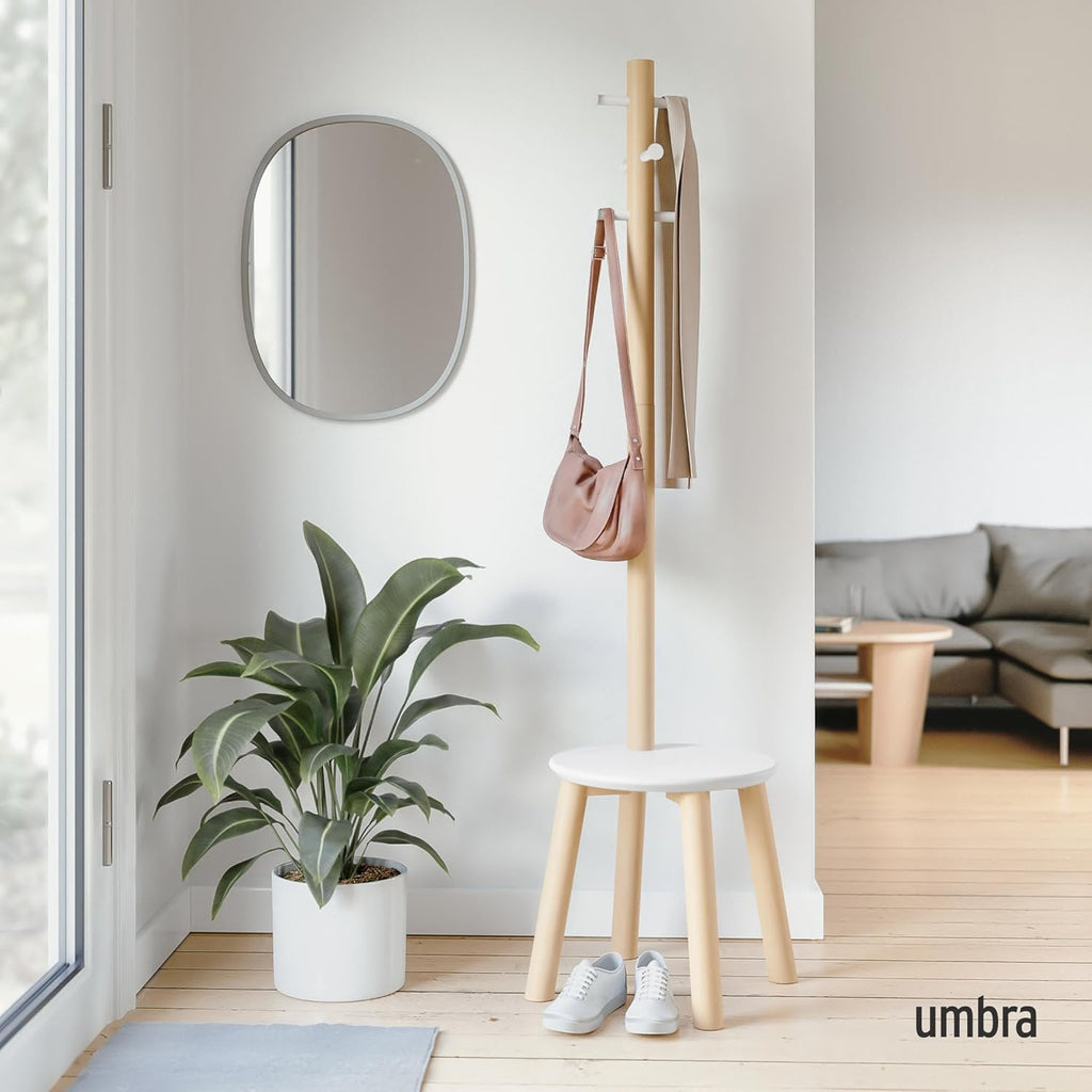 Umbra Pillar Coat Rack, Stool, Clothing Organizer, Umbrella Holder and Hat Organizer, Great for Entryway, White/Natural