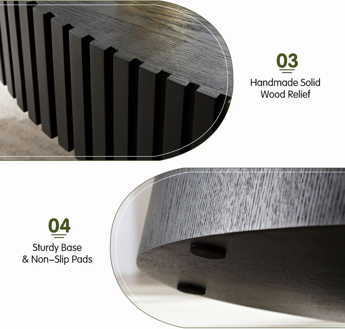 Black Oval Fluted Coffee Table for Living Room with Handcrafted Relief Wood Drum Coffee Table for Office Outdoor (43' Oval Black)