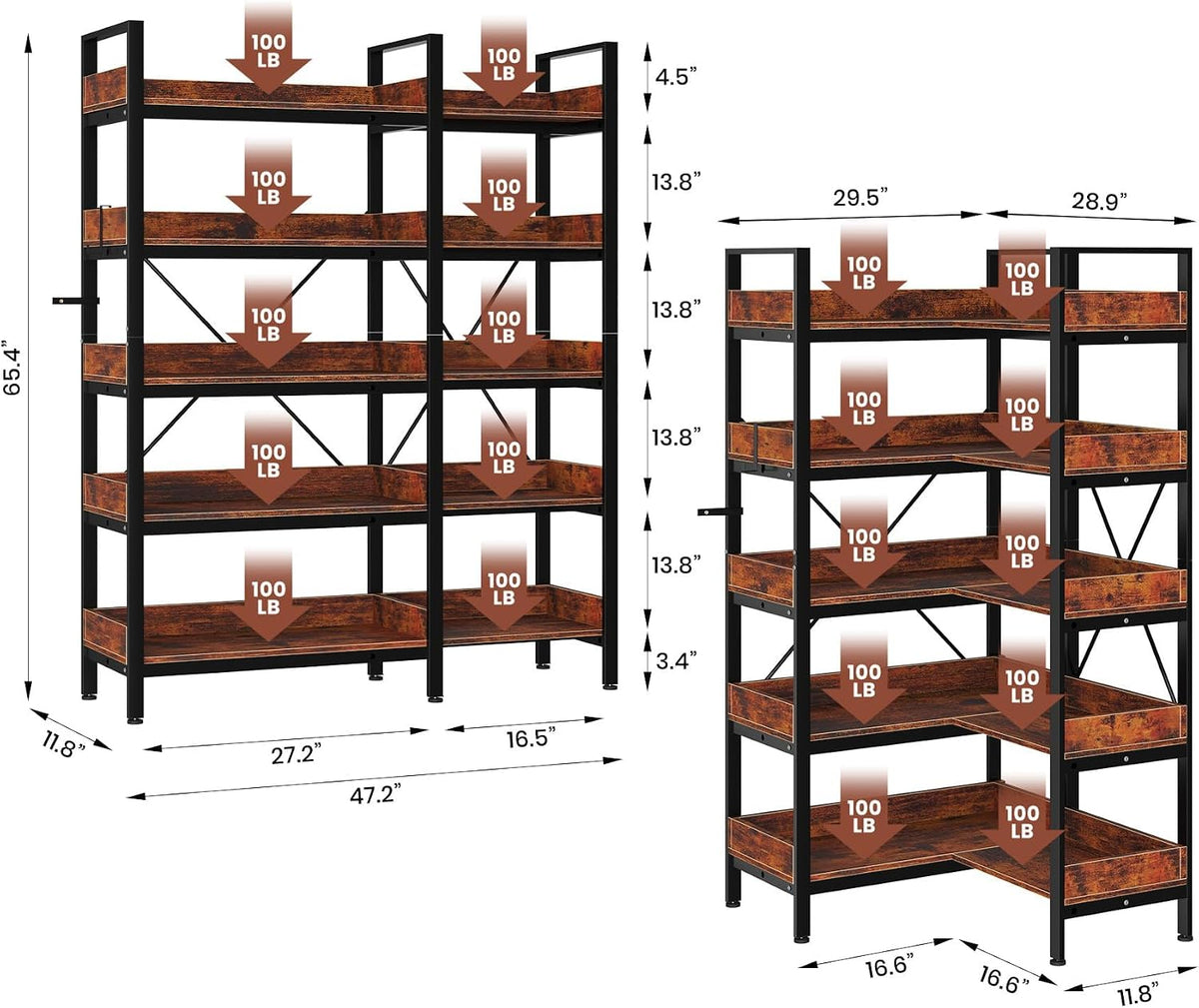 5 Tier Bookshelf, L-Shaped Reversible Corner Bookshelf with 4 Hooks, 65' Industrial Wooden Bookcase with Open Shelves and Metal Frame, Plant Stand and Storage Rack with Adjustable Feet for Living Room