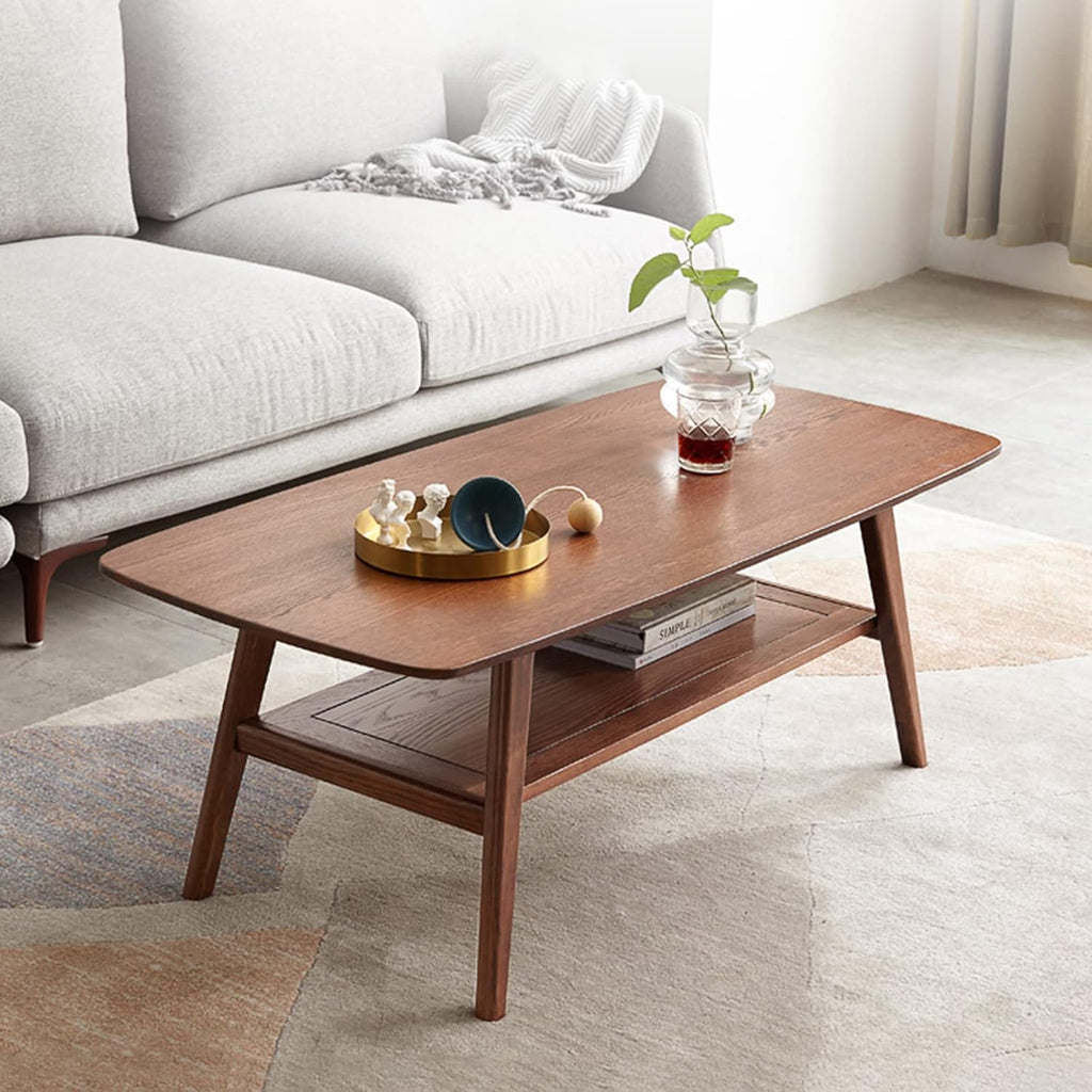 100% Solid Oak Wood Coffee Table for Living Room, 2-Tier Living Room Table with Storage Shelf, Mid Century Modern Coffee Tables (Walnut Colour, 39.37' W x19.68 D x 17.32' H)
