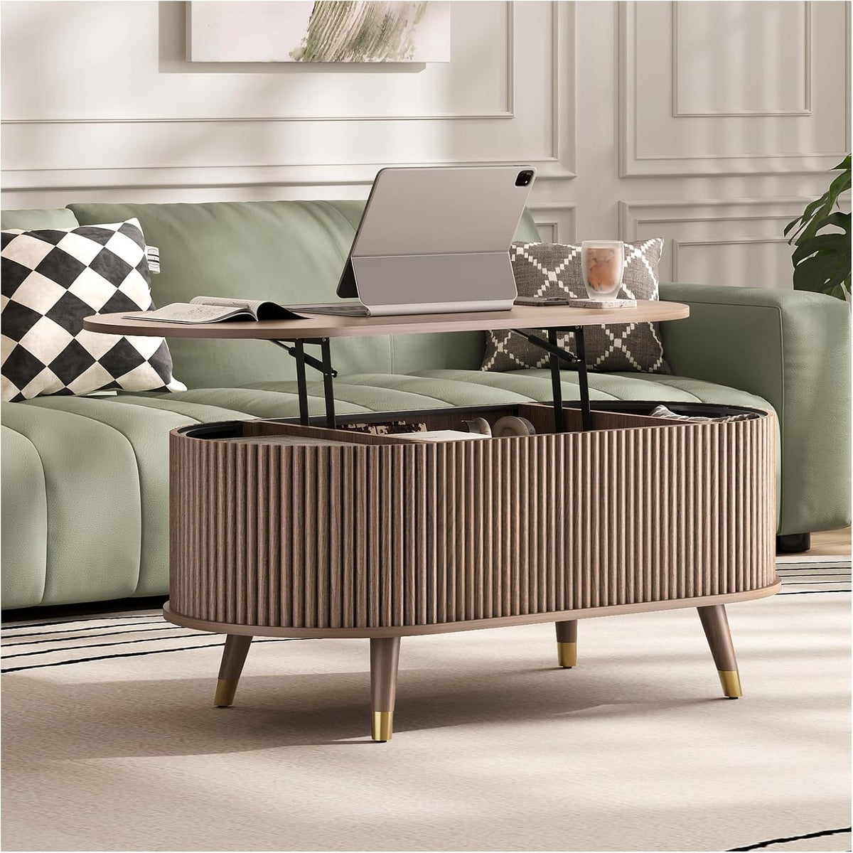 42.5' Oval Lift Top Coffee Table with Storage, Mid Century Modern Walnut Center Table with Fluted Panel, Solid Wood Legs & Hidden Compartment for Living Room