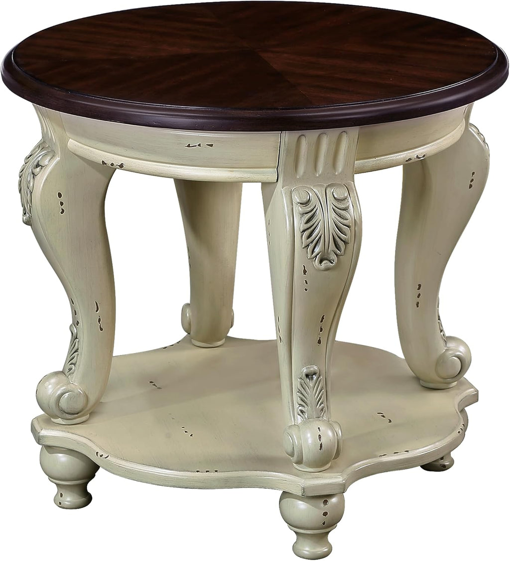 Round Wood End Table with Shelf for Living Room Small Accent Side Table 2-Tier Small Nightstand Easy Assemble, Beige + Espresso