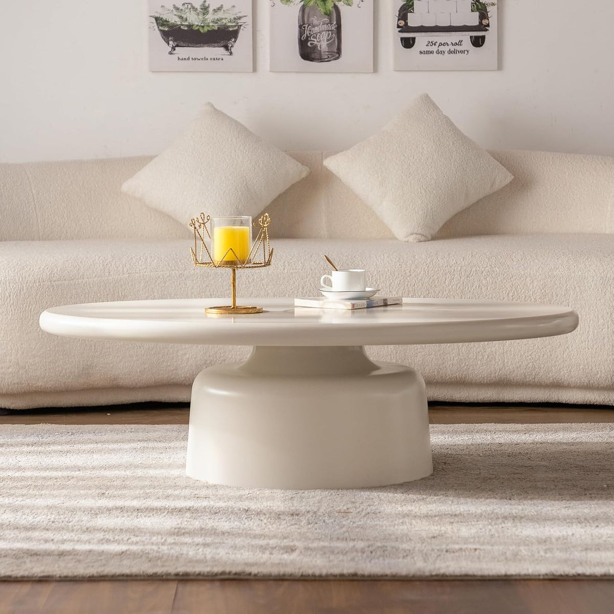 45.67' Cream Style Coffee Table with Stable Fiberglass Table Legs, Oval E1 Density Board Tabletop - Smooth Fininsh, for Small Space (Oval 45.67in)