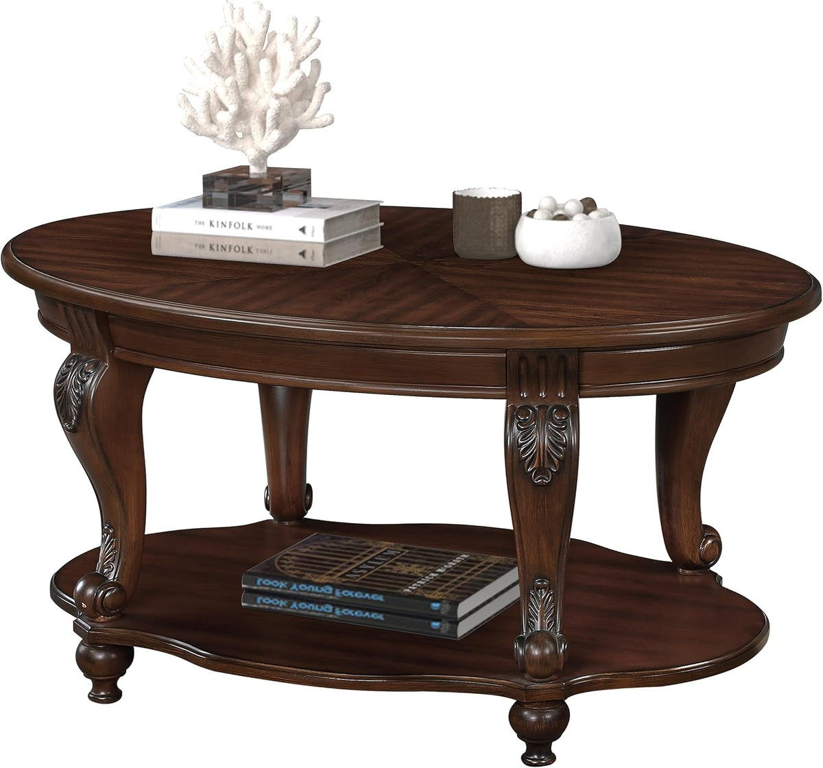 Wood Oval Living Room Coffee Table with Storage Shelf, 2 Tier Wood Coffee Table for Small Space - Cherry
