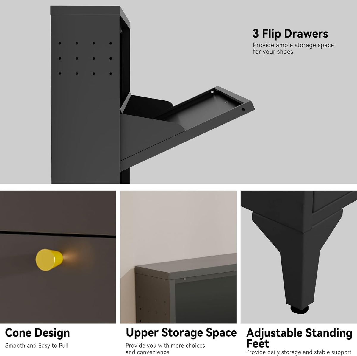 Shoe Cabinet with 3 Flip Drawers-Metal Narrow Shoe Rack for Entryway,Hallway,Living Room-Hidden Metal Shoe Cabinet-Freestanding Shoe (3 Door, Black)
