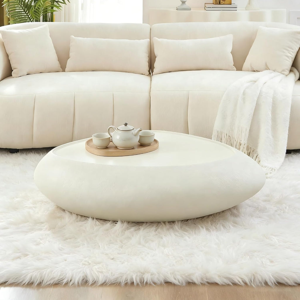 45.28' Oval Coffee Table, Modern Faux Stone Circle Center Tables Accent Drum End Side Table for Living Room, No Installation Required,White