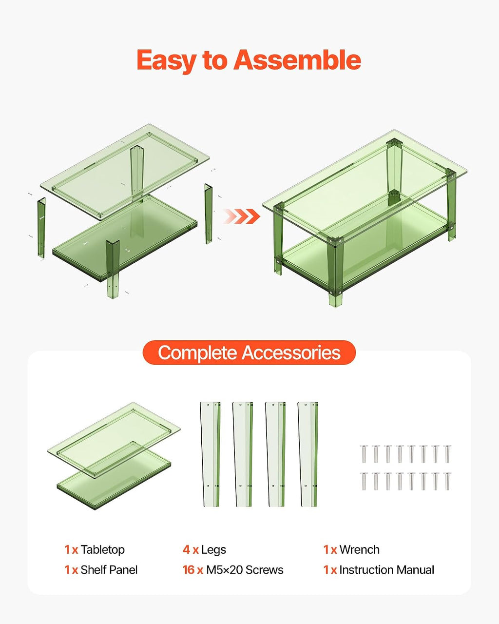 VEVOR Acrylic Coffee Table, 2-Tiers Center Table with Open Storage Shelf, Modern Rectangle Acrylic Coffe Desk for Living Room, Dining Room, Kitchen Island, Office, 31.5' W x 19.7' D x 15.7' H, Green
