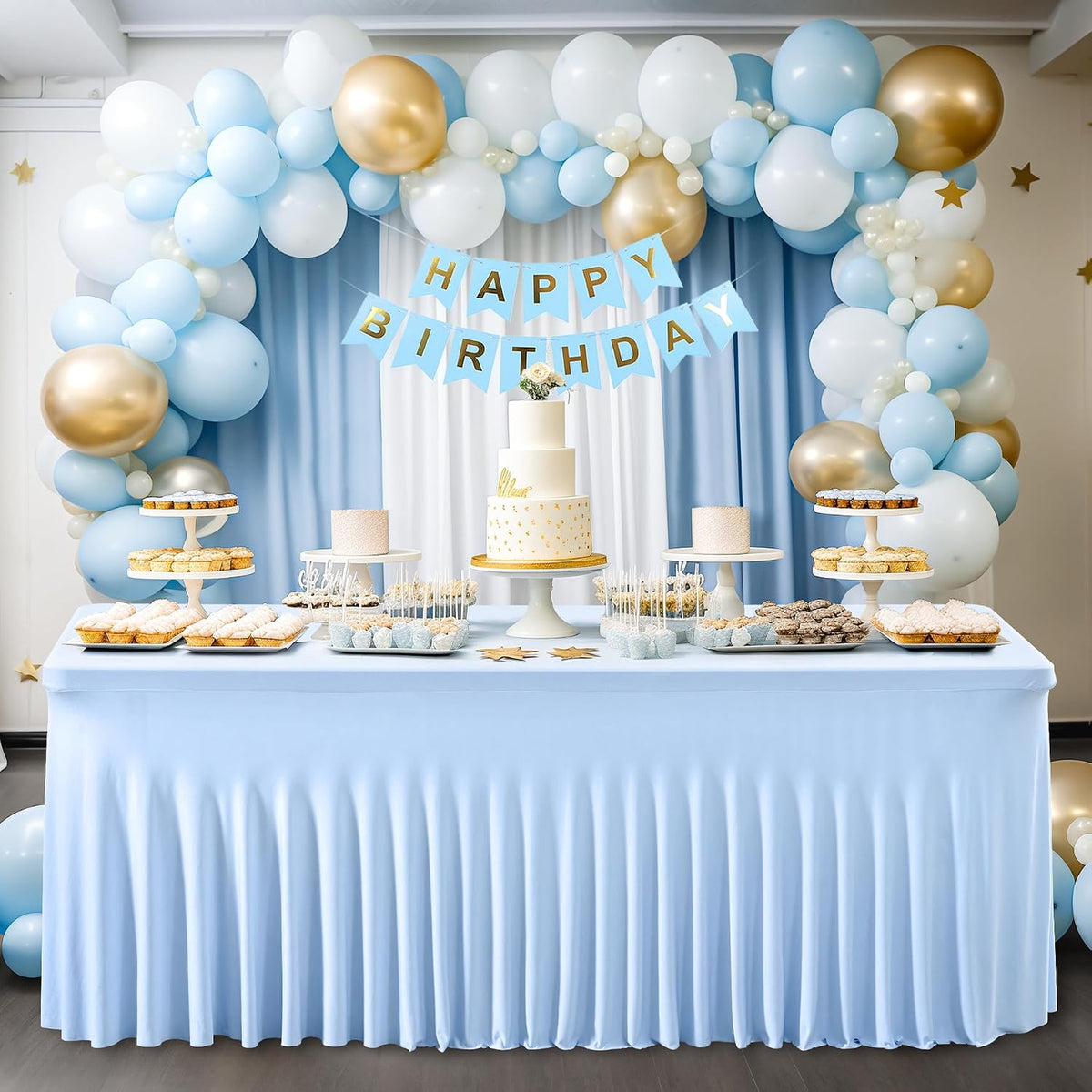 6 Packs Baby Blue Table Clothes for 8 Foot Rectangle Tables, One-Piece Wrinkle Resistant Stretch Spandex Table Covers with Skirt for Event Banquet Wedding Birthday Party