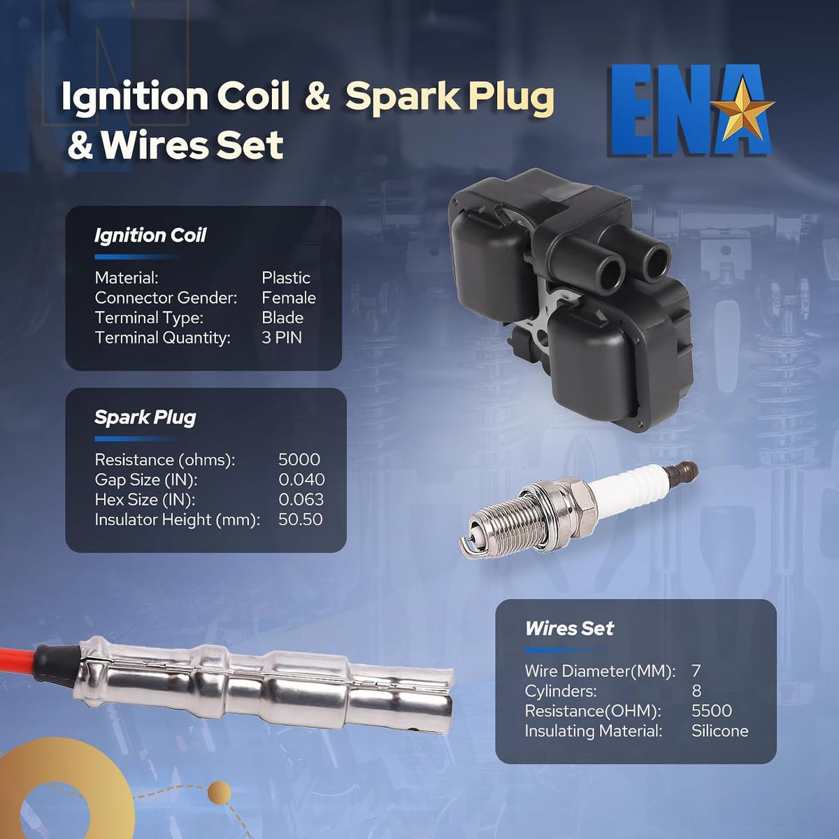 ENA Set of 8 Ignition Coil with 16 Iridium Spark Plug and Red Wire Set Compatible with Mercedes-Benz C43 CL500 CLK430 CLK500 E430 E500 E55 AMG ML430 ML500 S430 S500 SL500 4.3L 5.0L