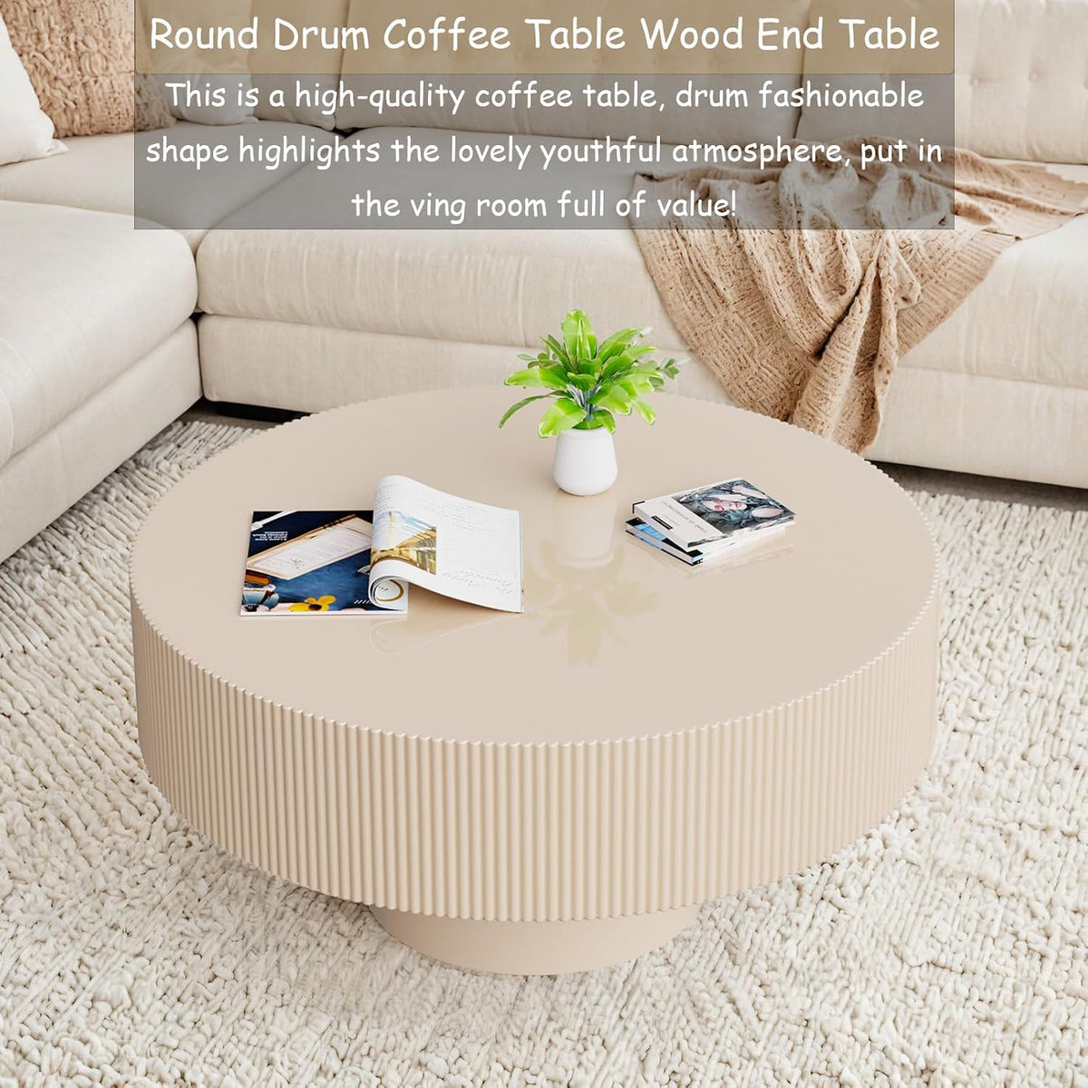 Round Fluted Coffee Table Modern Handcraft Drum Chipboard Wood Center Table, Unique Mid Century Aesthetic Low Coffee Table, for Living Room, Apartment,B